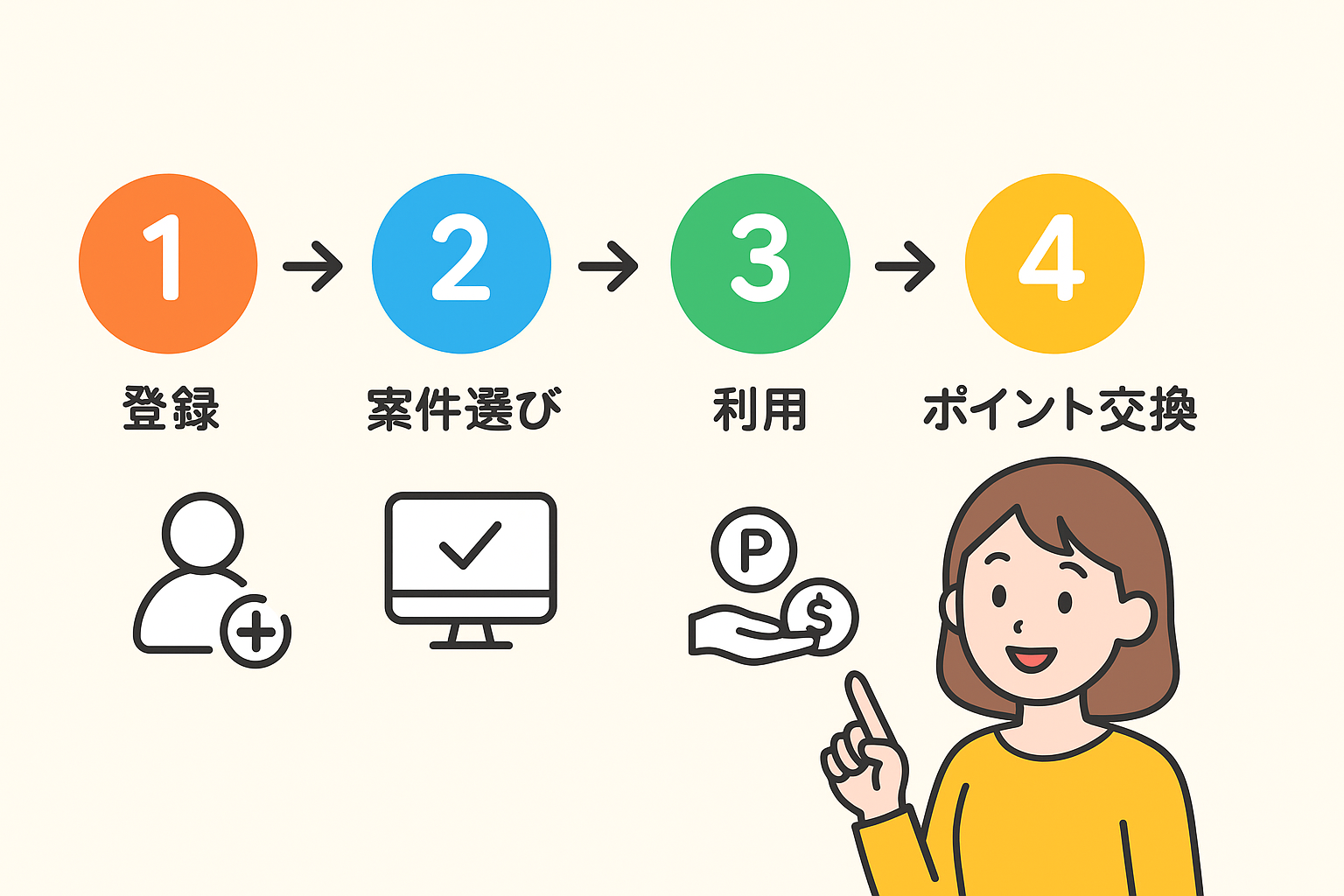 Flat vector infographic style illustration showing a simple 4-step flow for starting a point site: r