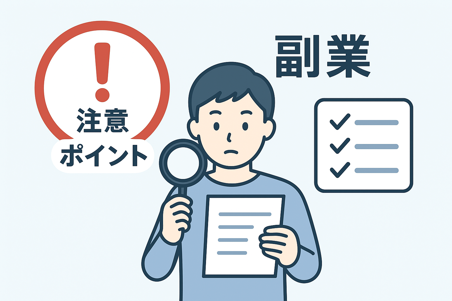 Flat vector illustration, a caution-themed infographic image for a Japanese blog about side jobs, sh